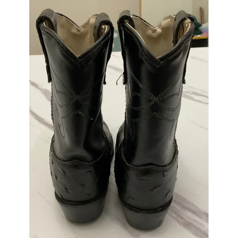 Old West Kids Black Faux Ostrich‎ Western Cowboy Boots Round Toe Size 7.5 2010